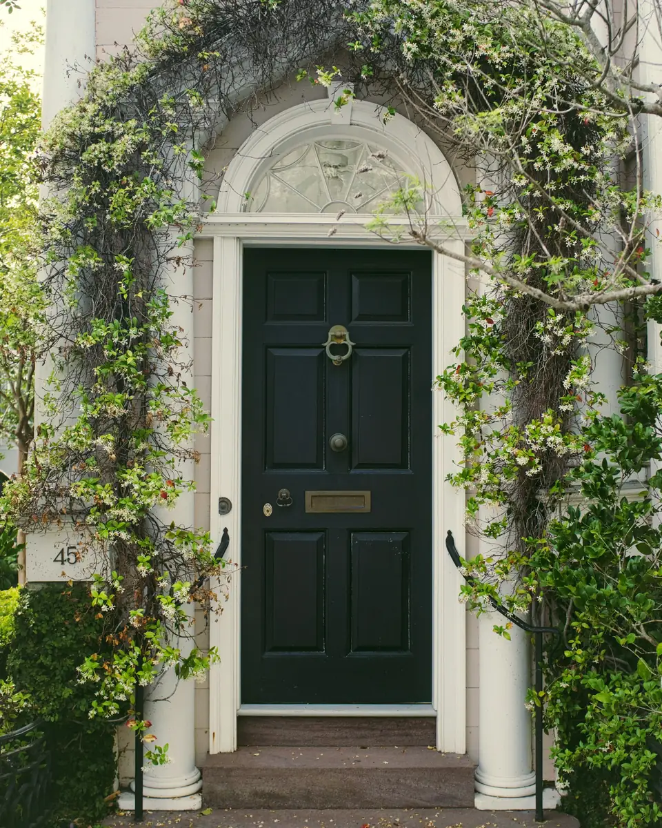Porte d'entrée sombre d'une maison, encadrée de plantes grimpantes